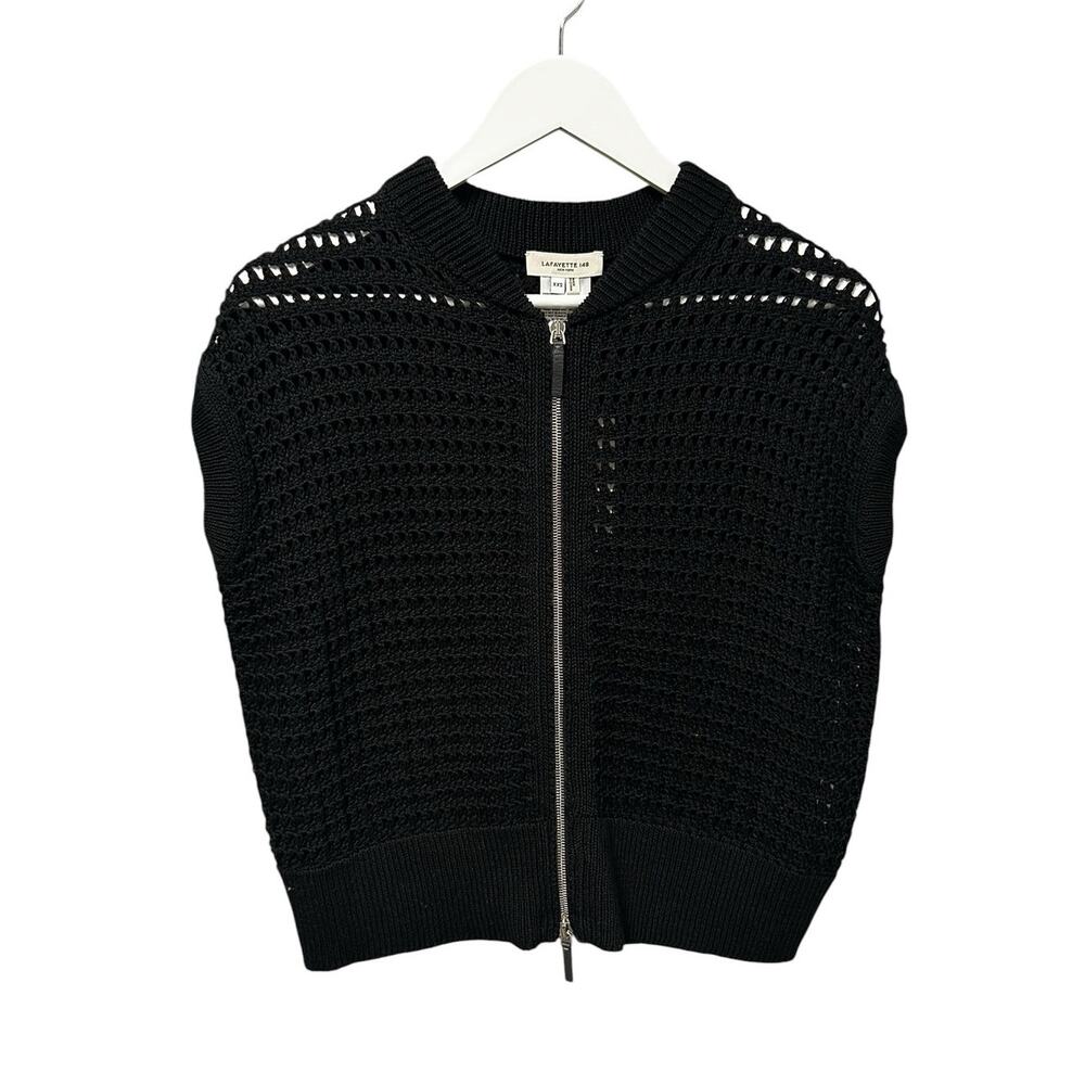 NWT Lafayette 148 100% Cotton Black Knit Sleeveless Front Zip Sweater Womens XXS